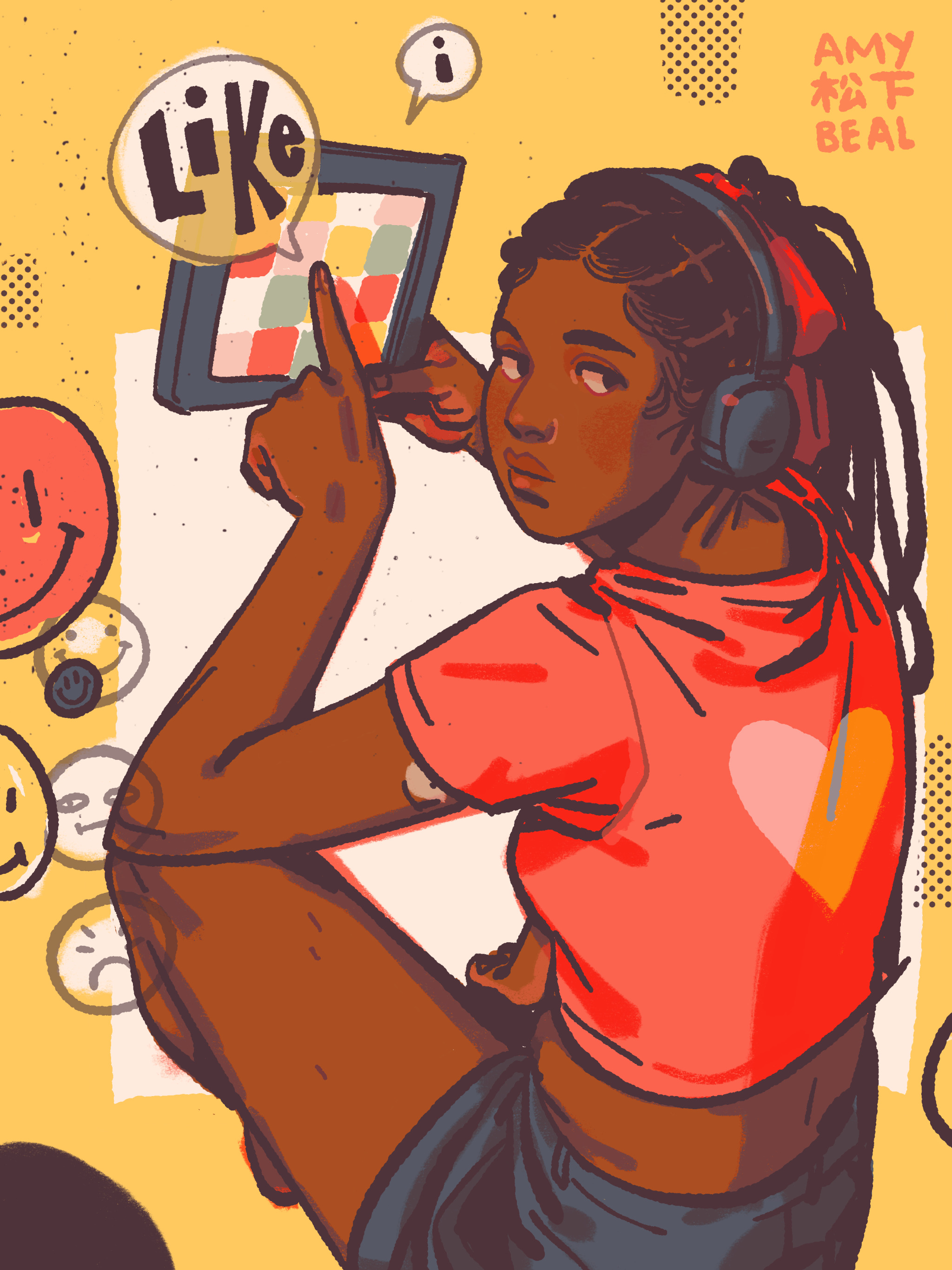 An illustration of a seated black person with long braided hair, tied up in a ribbon, turns back to look at the viewer. They are wearing headphones, a red shirt with a heart, blue shorts, and have a glucose monitor on their arm. They are using an AAC device to say "I Like..." and they are surrounded by floating emoji faces with various expressions. In the corner, the piece is signed Amy Matsushita-Beal.